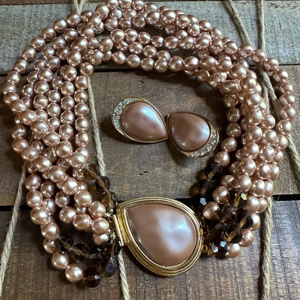 Vintage YSL Yves Saint Laurent Faux Pearl Necklace & Clip On Earrings Set